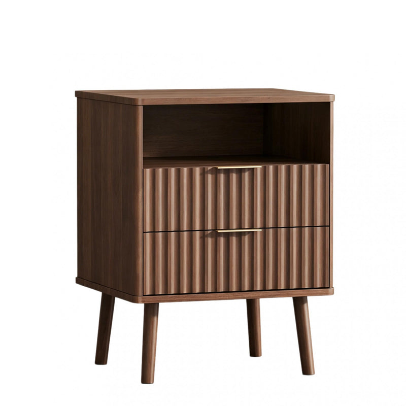 Wood Ribbed Texture Two Drawer Nightstand - Brown