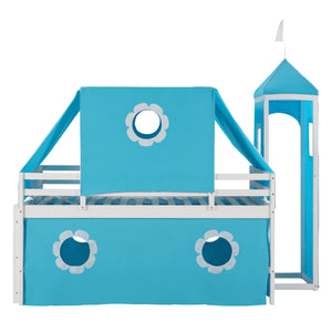 Twin Size Bunk Bed with Slide Blue Tent and Tower - Blue