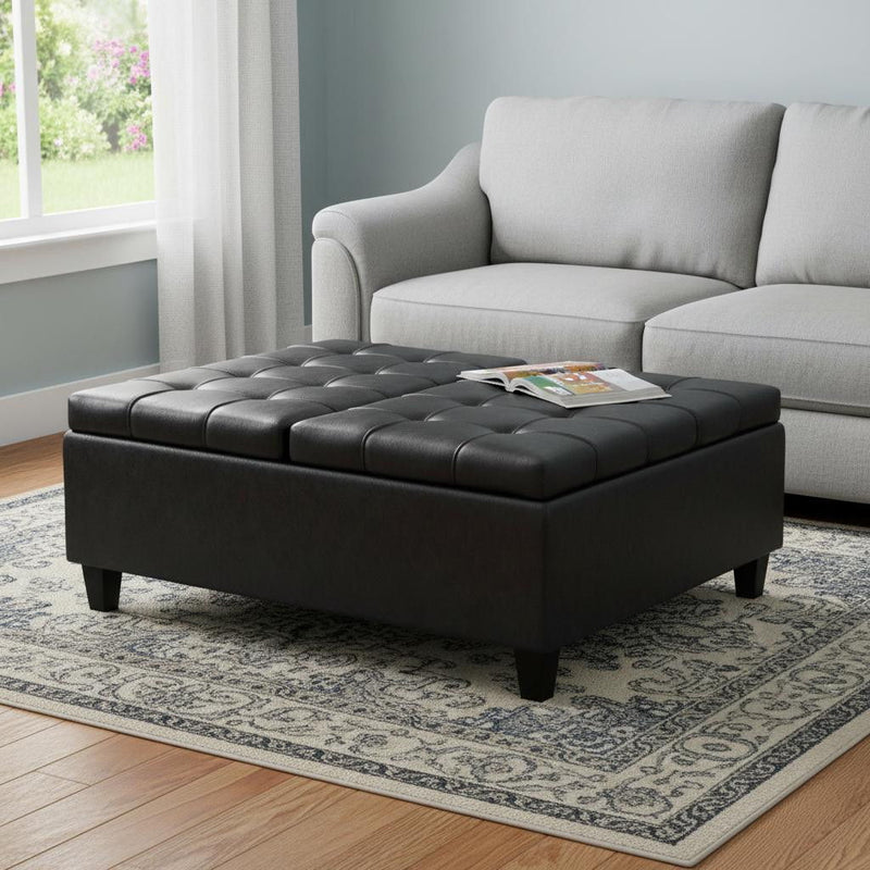 40" Transitional Leather Cocktail Ottoman With Storage - Black