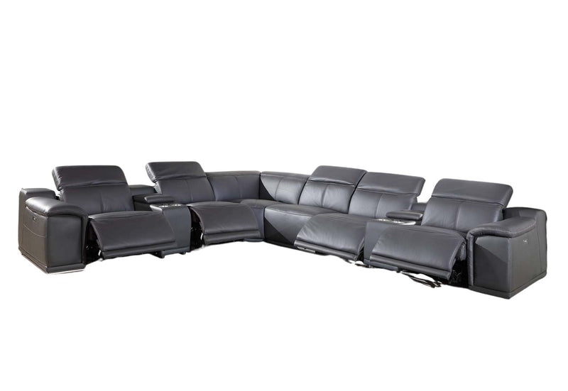 Italian Leather Power Reclining U Shaped Eight Piece Corner Sectional With Console - Gray