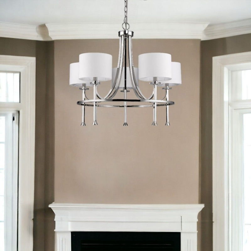 Candle Style Five Light Metal & Crystals Dimmable Chandelier With White Shades - Silver / White