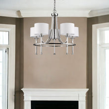 Load image into Gallery viewer, Candle Style Five Light Metal &amp; Crystals Dimmable Chandelier With White Shades - Silver / White
