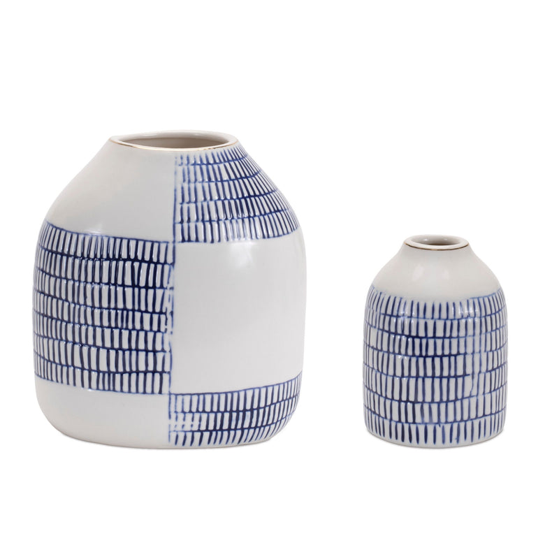 Checkered Round Table Vases (Set of 2) - Blue / White