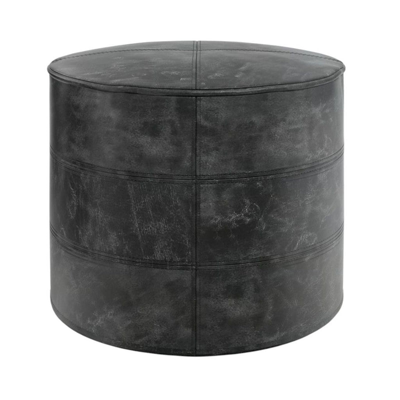 18" Leather Round Pouf Ottoman - Black