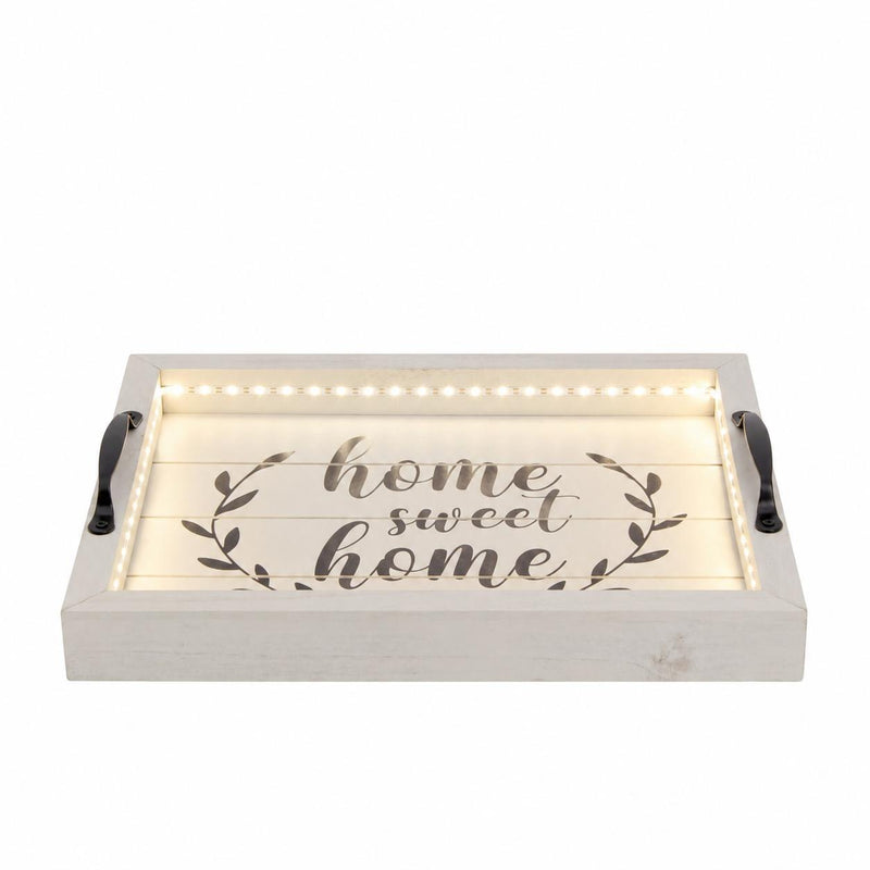 Wood Home Sweet Home Serving Tray With Handles And Led Lights - White And Black