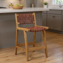 Load image into Gallery viewer, Leather And Solid Wood Low Back Counter Height Bar Chair - Brown
