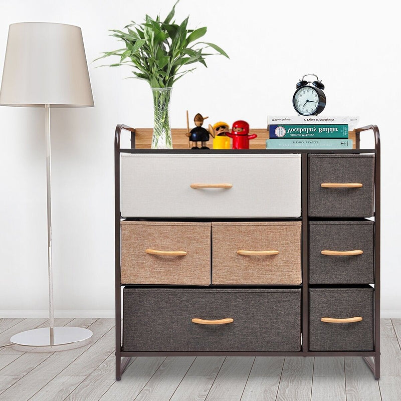 Fabric And Steel Accent Chest With Two Shelves And Seven Drawers - Brown