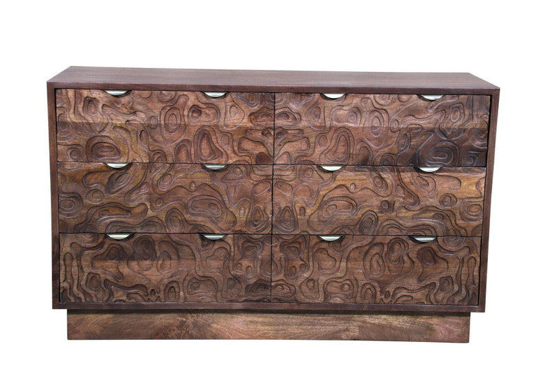 57" Carved Abstract Solid Wood Six Drawer Dresser - Brown