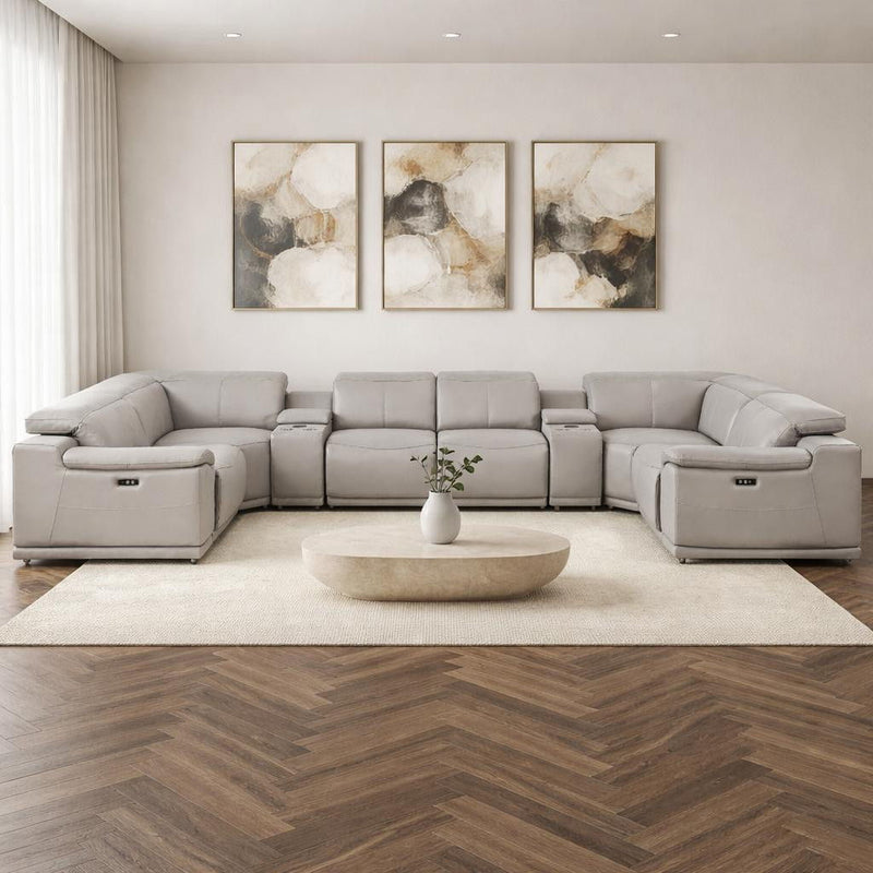 Leather Modular U Shaped Eight Piece Corner Sectional With Console - Ash / Gray