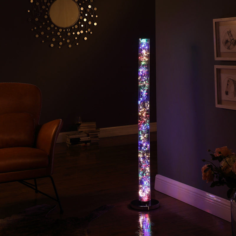 Steel LED Column Floor Lamp With Clear Drum Shade - Silver