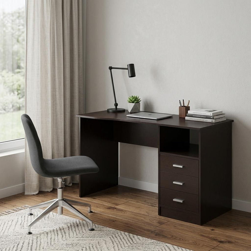 Pedestal Computer Desk With Three Drawers - Brown