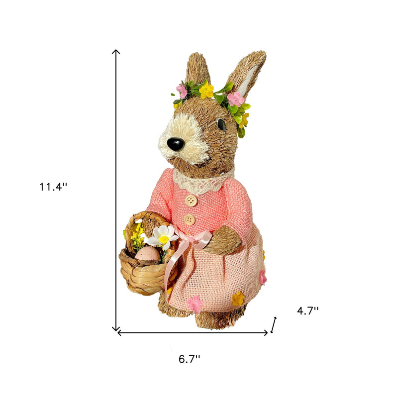 Straw Rabbit Easter Easter Bunny Figurine - Brown / Pink