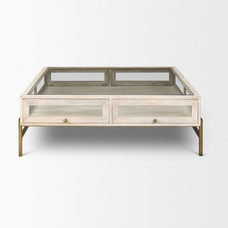 44" Clear Solid Wood Glass And Iron Storage Coffee Table - Gold And Off White