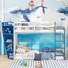 Load image into Gallery viewer, Twin over Twin Boat-Like Shape Bunk Bed with Storage Shelves, White+Blue
