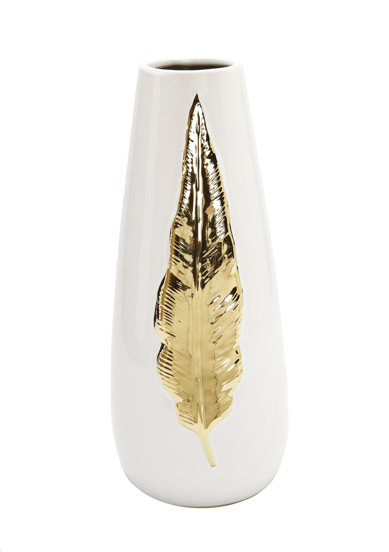 Leaf Oval Table Vase With Sculptural Details - White