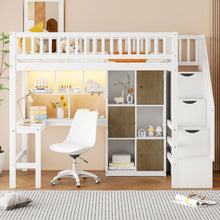 Load image into Gallery viewer, Loft Bed With Built In L Shaped Desk, LED Lights, Storage Shelves, Cabinets, And Staircase
