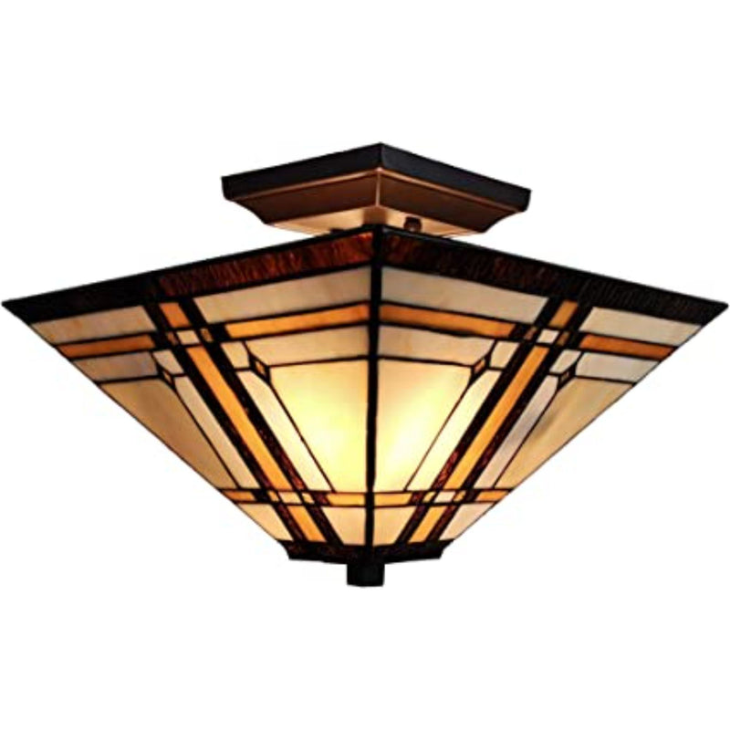 Tiffany Style Mission Semi Flush Dimmable Ceiling Light - Brown / Amber