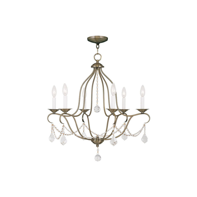 26" Six Light Dimmable Chandelier With Shades - Antiqued Brass