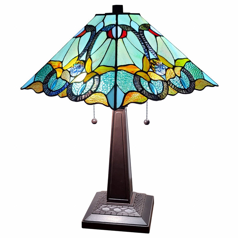 Metal Two Light Table Lamp With Blue And Green Cone Shade - Dark Brown