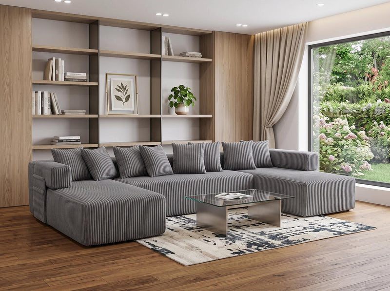 Corduroy Modular U Shaped Three Piece Corner Sectional With Console And Toss Pillows - Dark Gray