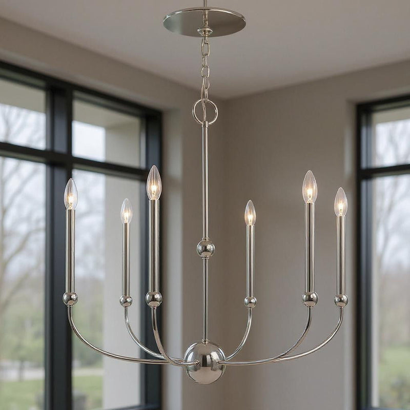 28" Six Light Dimmable Chandelier With Shades - Nickel