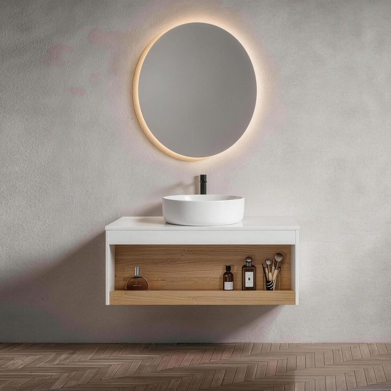 Floating Bathroom Vanity With Glossy Round Vessel Sink