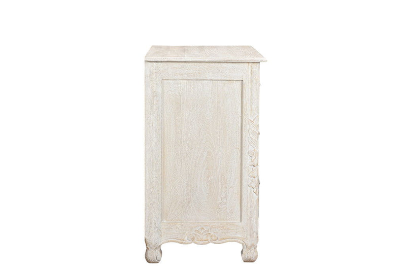 Three Drawer Floral Carved Solid Wood Nightstand - Distressed White