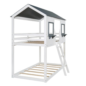 Twin Over Twin Bunk Bed Wood Bed with Roof, Window, Guardrail, Ladder (White)(OLD SKU :LT000045AAK)