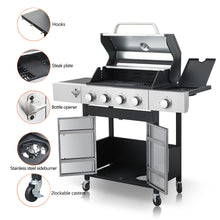 Load image into Gallery viewer, 4 Burner Propane Gas Bbq Grill With Side Burner, 46790Btu Output With Enameed Cast Iron Cooking Grids For Outdoor Barbecue, Stainless Steel - Black / Silver
