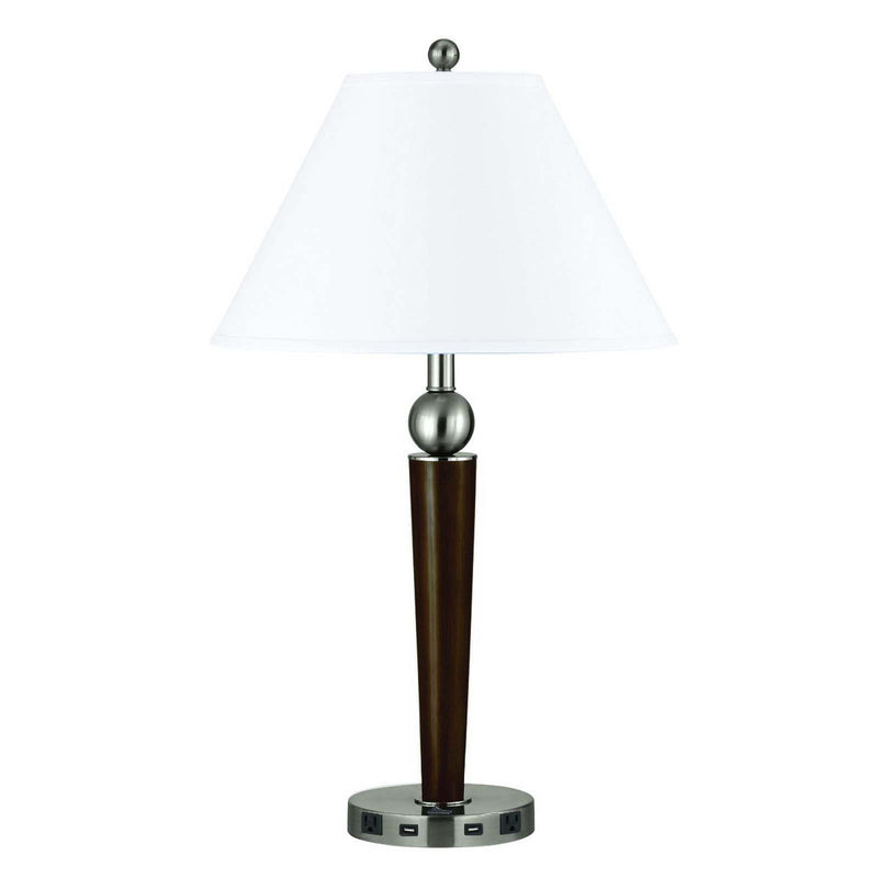 Metal Geometric USB Table Lamp With White Empire Shade - Nickel