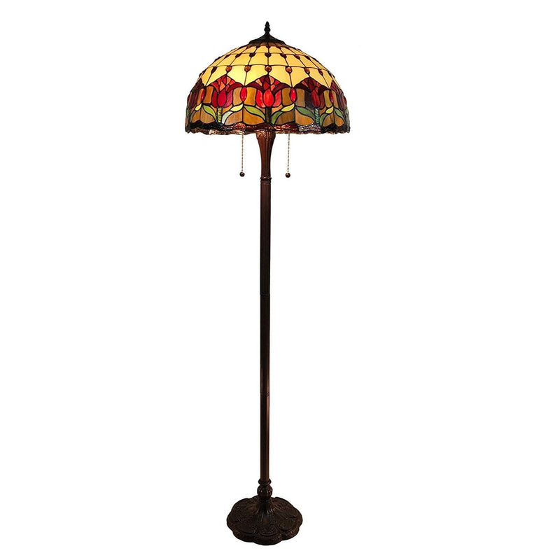 Two Light Traditional Shaped Floor Lamp With Red Flowers Stained Glass Dome Shade - Brown