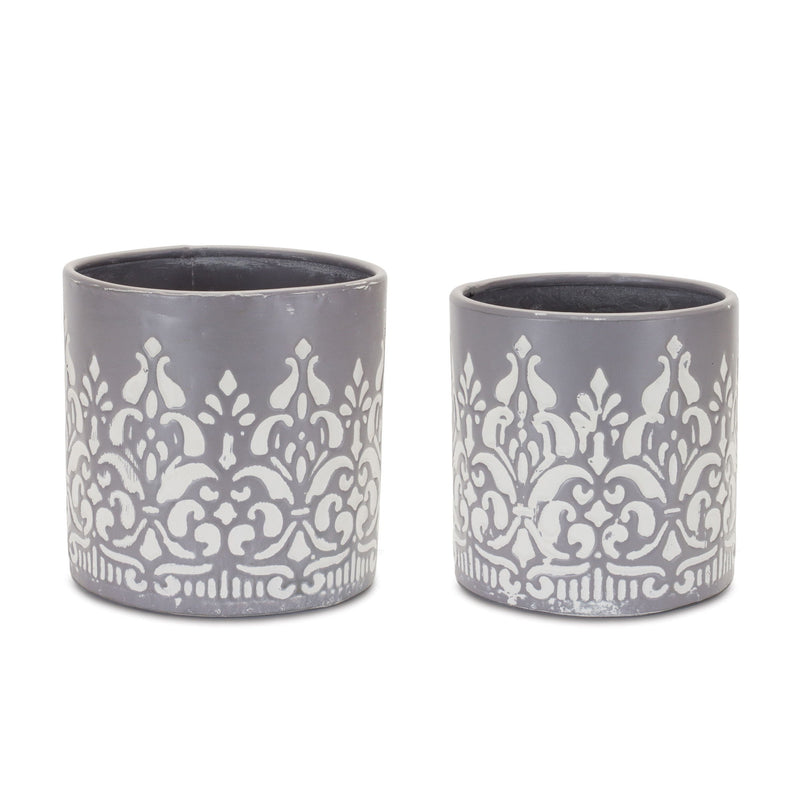 Abstract Round Pot Planters (Set of 2) - Gray / White