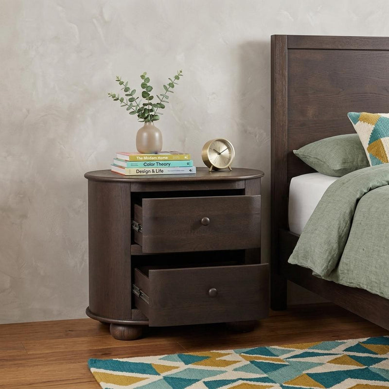 Solid Wood Oval Distressed Two Drawer Nightstand - Brown