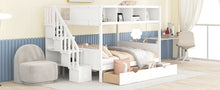 Load image into Gallery viewer, Twin over Full Bunk Bed with Shelfs, Storage Staircase and 2 Drawers, White
