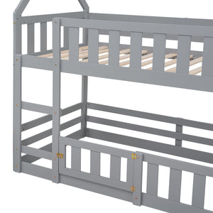 Twin over Twin House Bunk Bed with Fence and Door, Gray