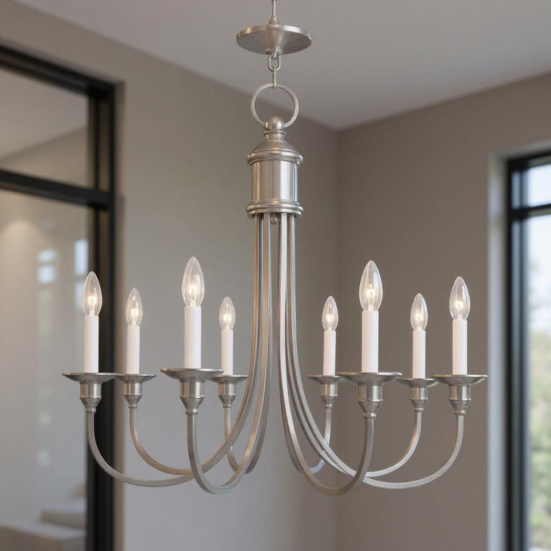 27" Eight Light Dimmable Chandelier With Shades - Nickel