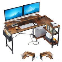 Load image into Gallery viewer, L-Shaped Gaming Desk With Power Outlets, Monitor Stand &amp; Storage Shelves, Reversible Corner Workstation - Black / Brown
