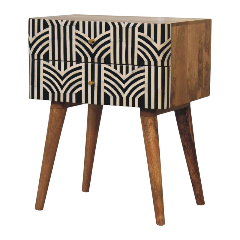 Solid Wood Geometric Bone Inlay Two Drawer Nightstand - Black / Ivory / Natural