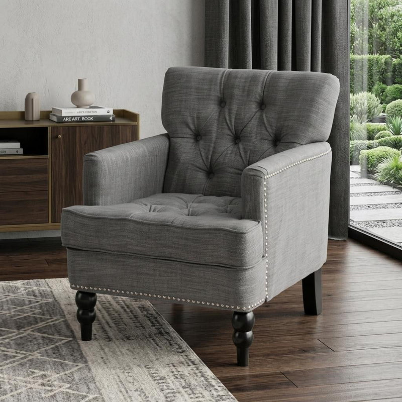 Fabric And Wood Arm Chair - Gray / Black