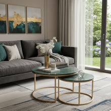 Load image into Gallery viewer, Genuine Marble Iron Round Frame Nested Coffee Tables (Set of 2) - Green / Gold
