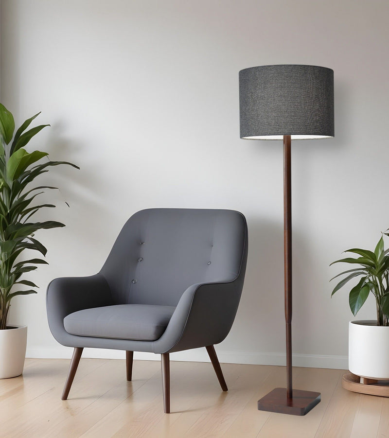 Solid Wood Floor Lamp With Dark Gray Fabric Drum Shade - Brown