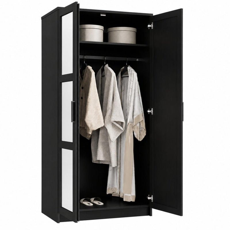 Solid Wood Mirrored Two Door Combo Dresser - Black