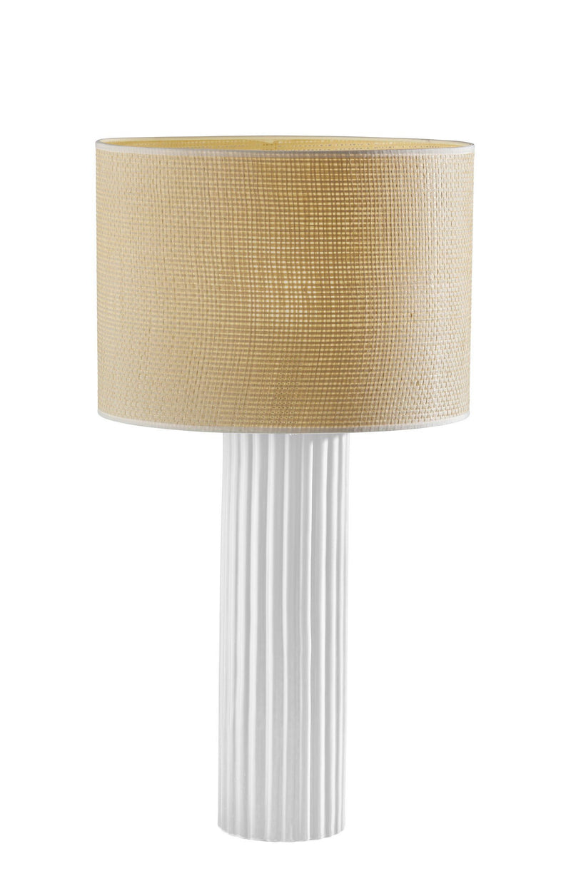 Ceramic Cylinder Table Lamp With Beige Drum Shade - White