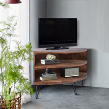 Load image into Gallery viewer, Fan Shape Reclaimed Wood Corner Media Table For Living Room Wise Use Your Space - Natural
