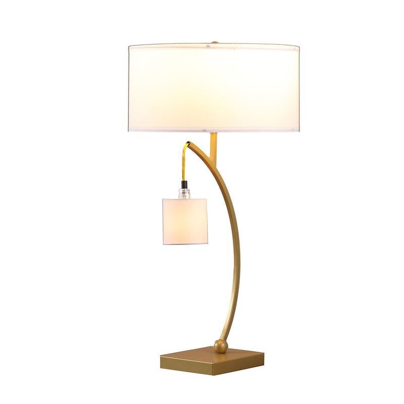 Metal Two Light Arched Table Lamp With White Drum Shade - Gold