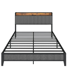 Load image into Gallery viewer, Queen Size Bed Frame with Charging Station, Upholstered Headboard, Metal Platform, Grey
