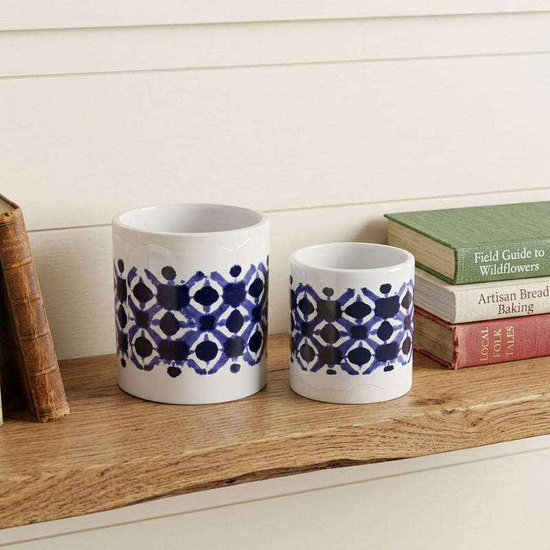 Geometric Round Pot Planters (Set of 2) - White / Blue