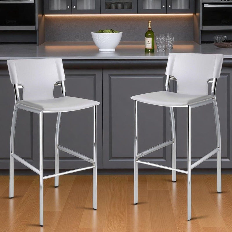 29" Metal And Faux Leather Low Back Bar Height Bar Chairs (Set of 2) - White