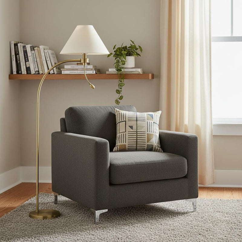 68" Metal Reading Floor Lamp With Off White Fabric Empire Shade - Antiqued Brass