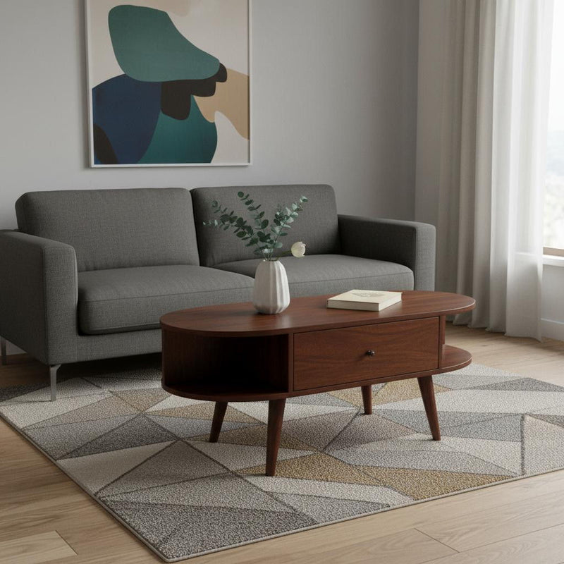Solid Wood Oval Coffee Table With Two Drawers Two Shelves - Chestnut